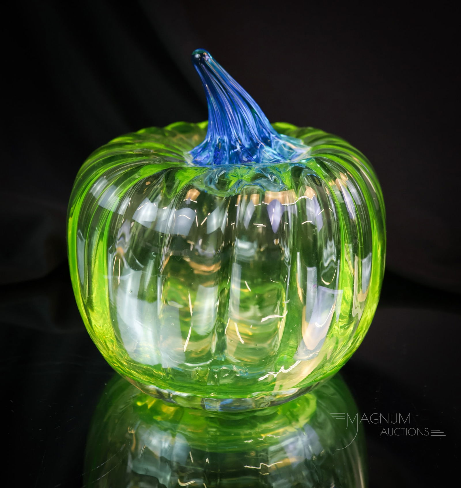 Rare Limited Blenko Uranium Vaseline Art Glass Pumpkin: A rare find in Blenko art glass. This is a pumpkin in uranium-rich vaseline glass. This was a limited-to-200 production piece, circa 2019. It is marked, "Blenko 2019". The pumpkin measures 4 1/2" tall