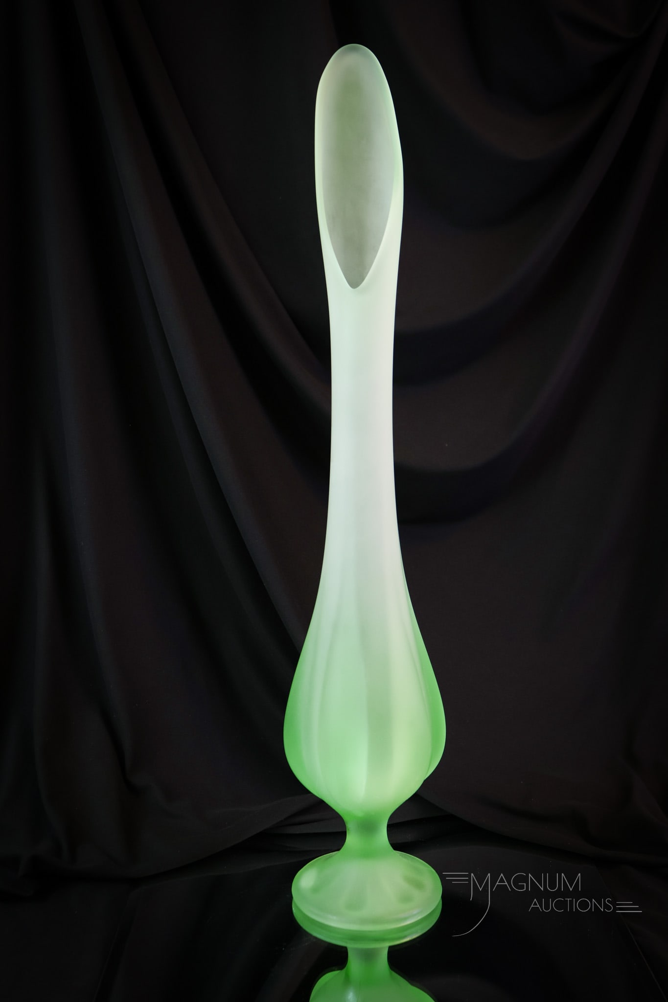 Viking Glass Spring Green Frosted Six-Petal Swung 22" Vase: Another scarce find in a swung vase for your collection. This is aSpring Green Frosted example. It measures 22" tall and has a six-petal top rim. It's a scarce color folks! SHIPPING NOTICE: If you cho
