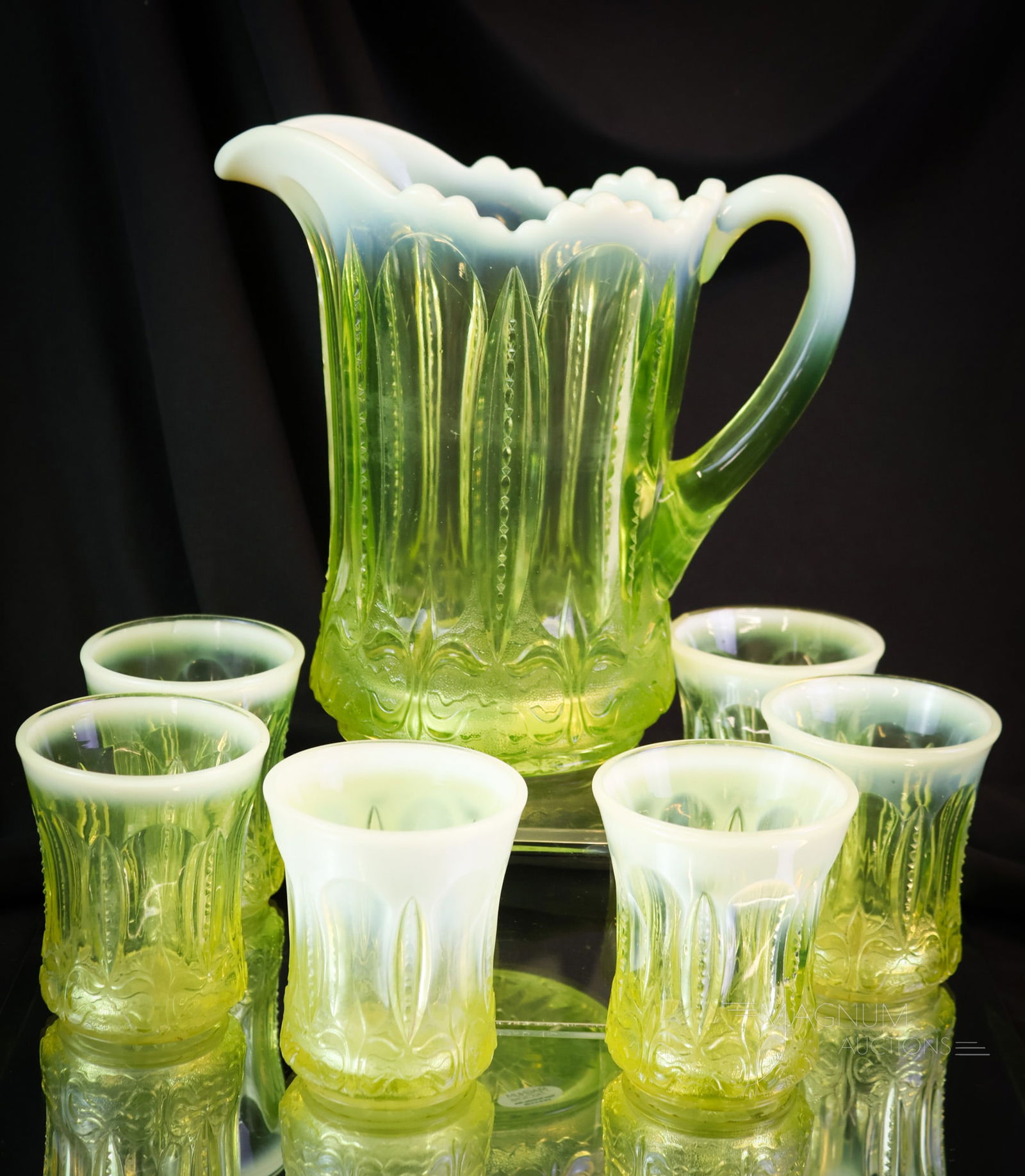 7 pc Uranium Vaseline Jefferson Opalescent Glass Water Set (1 of 8)