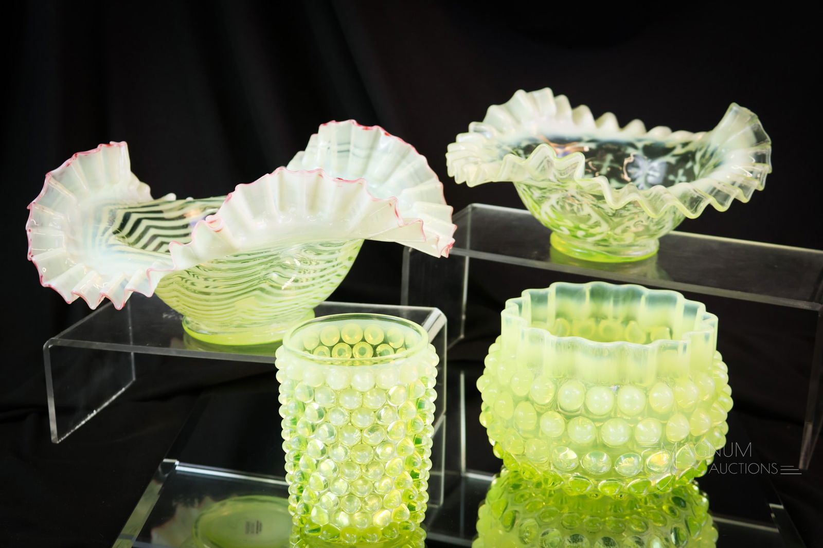 4 pc Lot Pleasures in Uranium Vaseline Opalescent Glass Collecting (1 of 9)