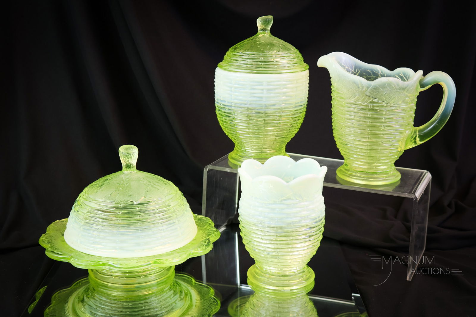 4 pc Uranium Vaseline Opalescent Northwood Frosted Leaf & Basketweave Table Set: A fine find for your growing vaseline glass collection. This is a scarcely found Northwood Frosted Leaf & Basketweave pattern four-piece table set in vaseline opalescent glass. The tallest measures