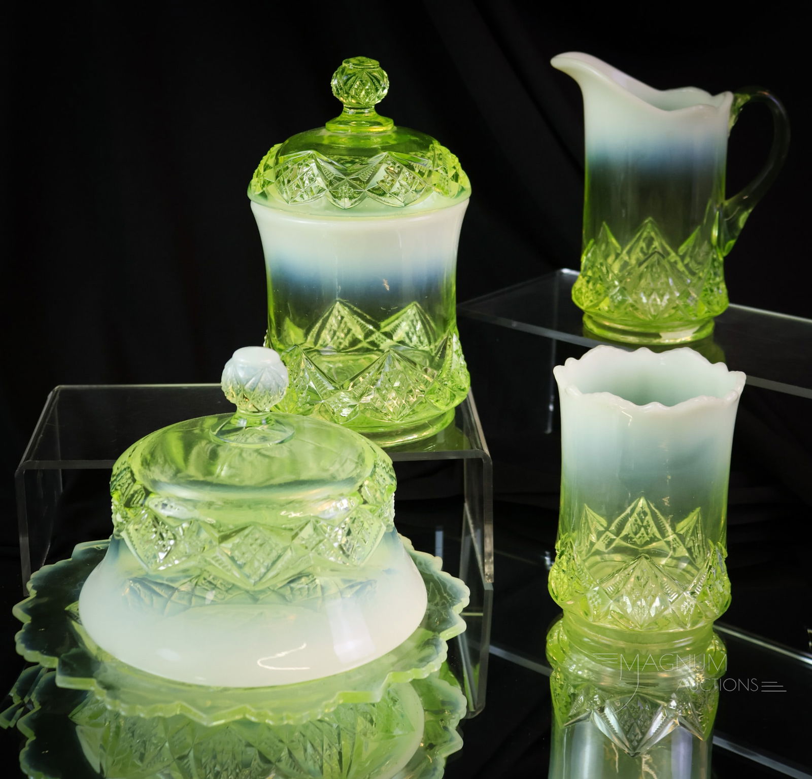 4 pc Northwood National Uranium Vaseline Opalescent Glass Table Set: A beautiful find that is a fan favorite of the Vasies. This is the Northwood/National Diamond Spearhead pattern. The set is in uranium-rich vaseline opalescent glass. Brilliant glowing canary color