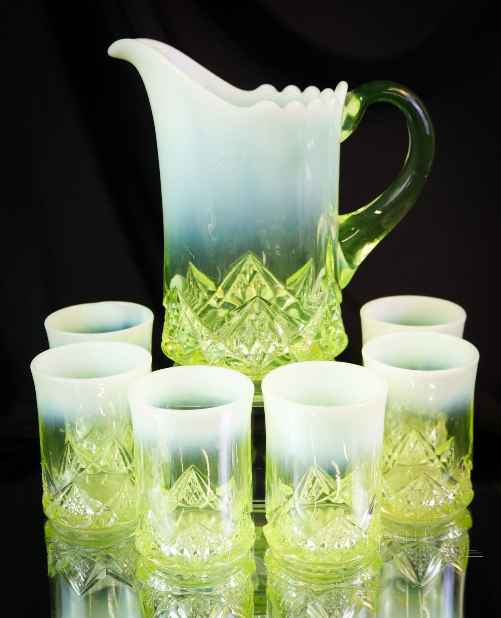 7 pc Northwood National Uranium Vaseline Opalescent Glass Water Set: A wonderful and complete set in the Diamond Spearhead pattern. This set is by Northwood/National and in uranium-rich vaseline opalescent glass. The set features a pitcher and six tumblers. The