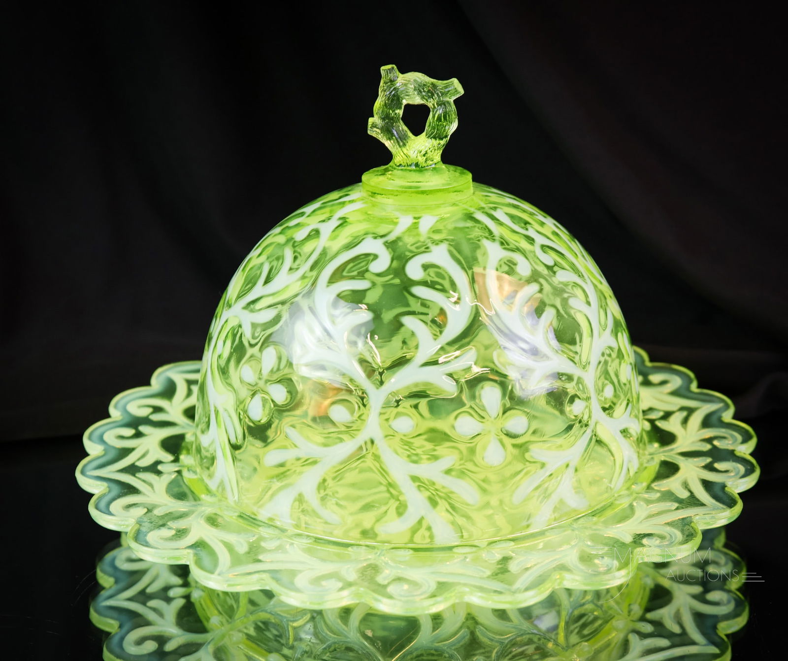 Scarce Northwood Uranium Vaseline Opalescent Glass Spanish Lace Butterdish: A scarce find in Victorian vaseline opalescent uranium-rich glass. This butter dish is in the Northwood Spanish Lace pattern. The butter shines brightly and measures 5" tall. SHIPPING NOTICE: If you c