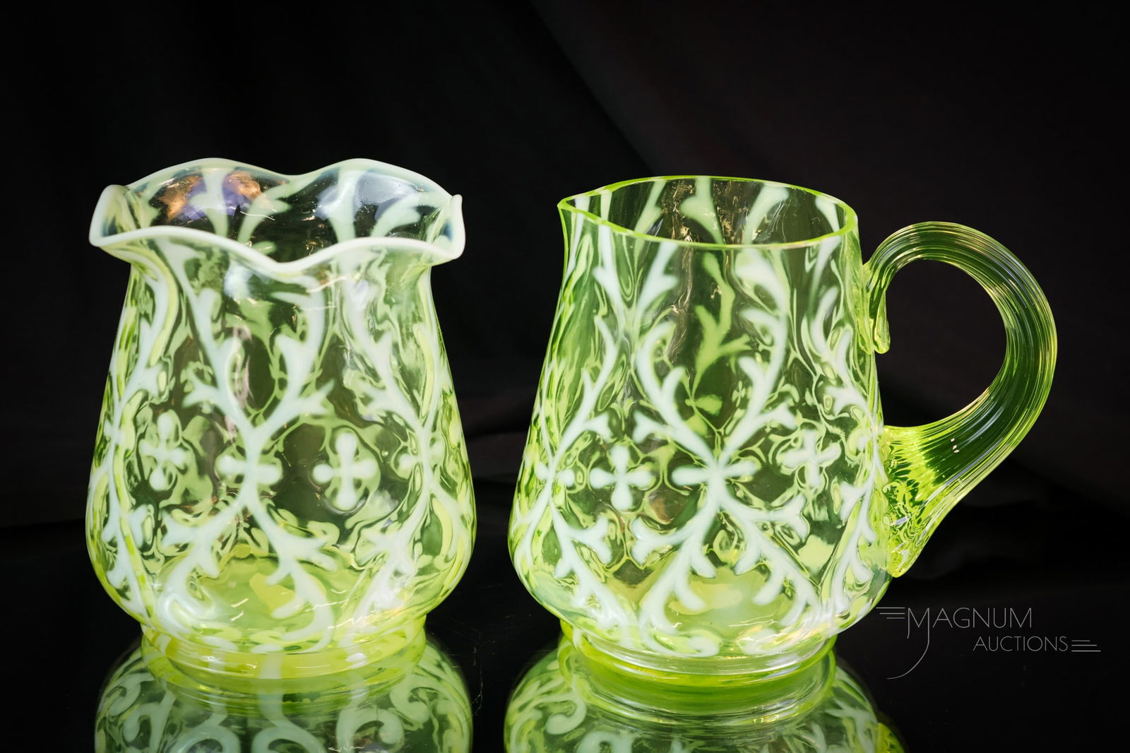 2 pc Lot Scarce Northwood Uranium Vaseline Opalescent Glass Spanish Lace: Two scarce finds in Northwood's Spanish Lace pattern. There is a creamer and a spooner in the brilliant uranium-rich vaseline opalescent glass. The tallest measures 4 1/2" tall. SHIPPING NOTICE: If