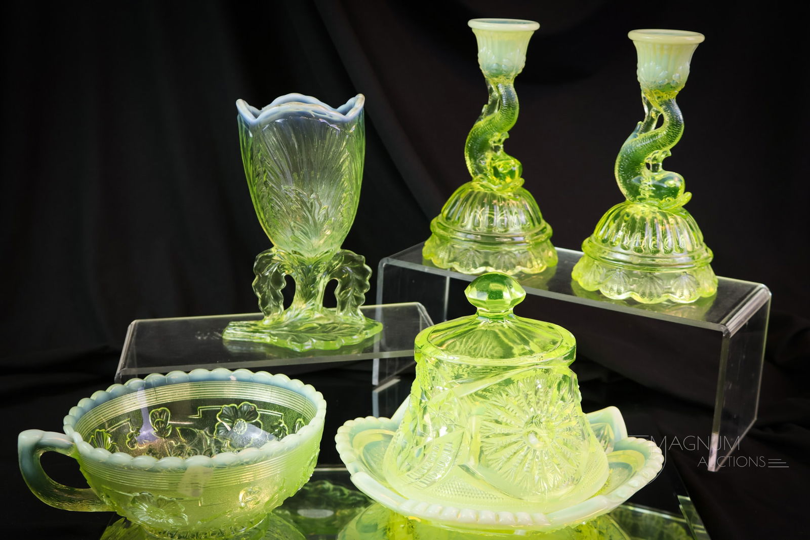 5 pc Lot Northwood Uranium Vaseline Opalescent Victorian Glass: Five finds to enhance your growing collection! This offering includes varianna in uranium-rich vaseline opalescent glass by Northwood. There's a Sunburst on Shield butter dish. A Leaf pattern chalice.