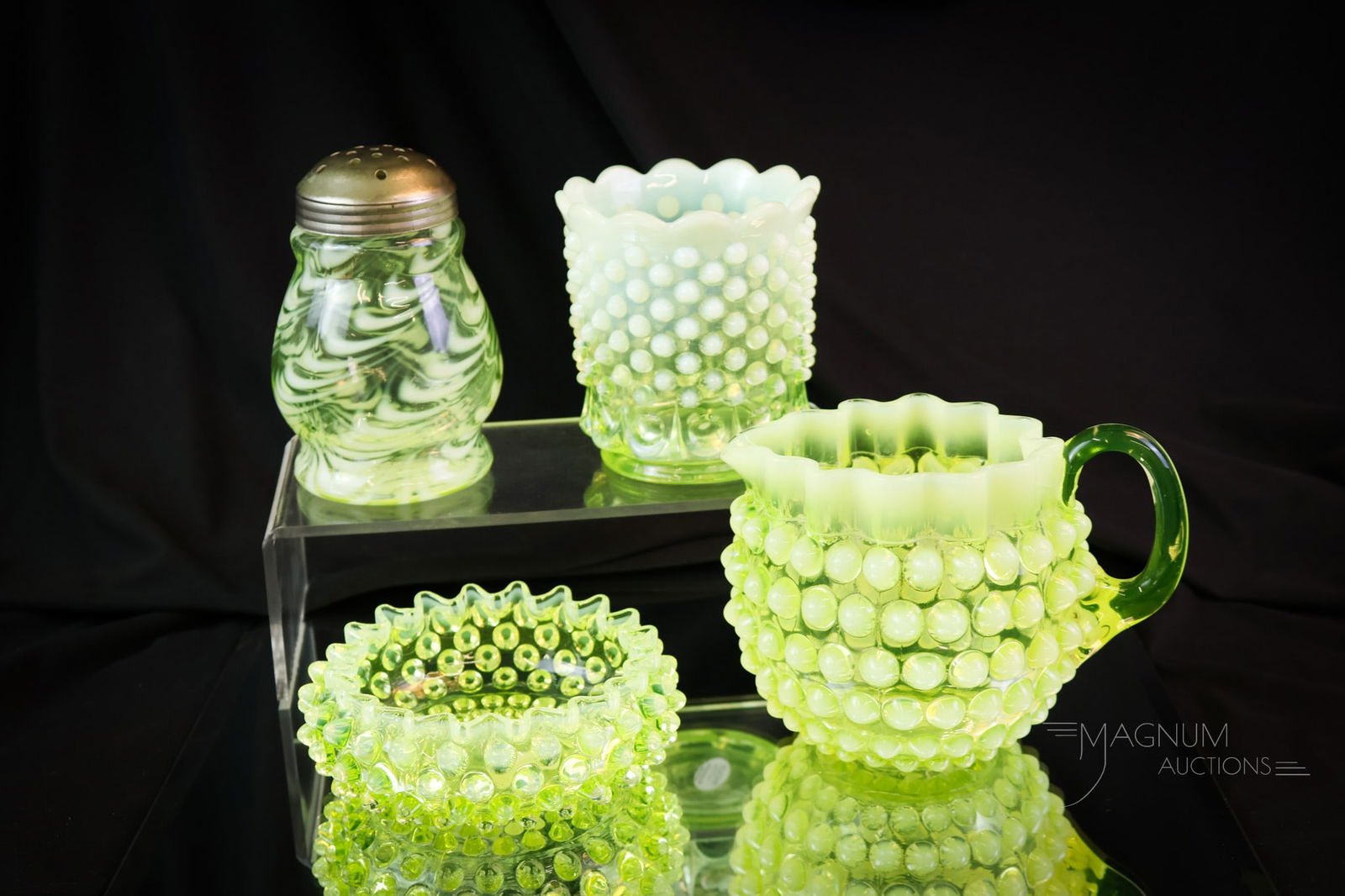 4 pc Lot Northwood Hobbs Uranium vaseline Opalescent Victorian Glass: Four distinct and glowing finds for the Vasie in your life. This offering includes two pieces by Hobbs in the Hobnail pattern. There is a creamer and a small berry bowl. The other two pieces are a Nor