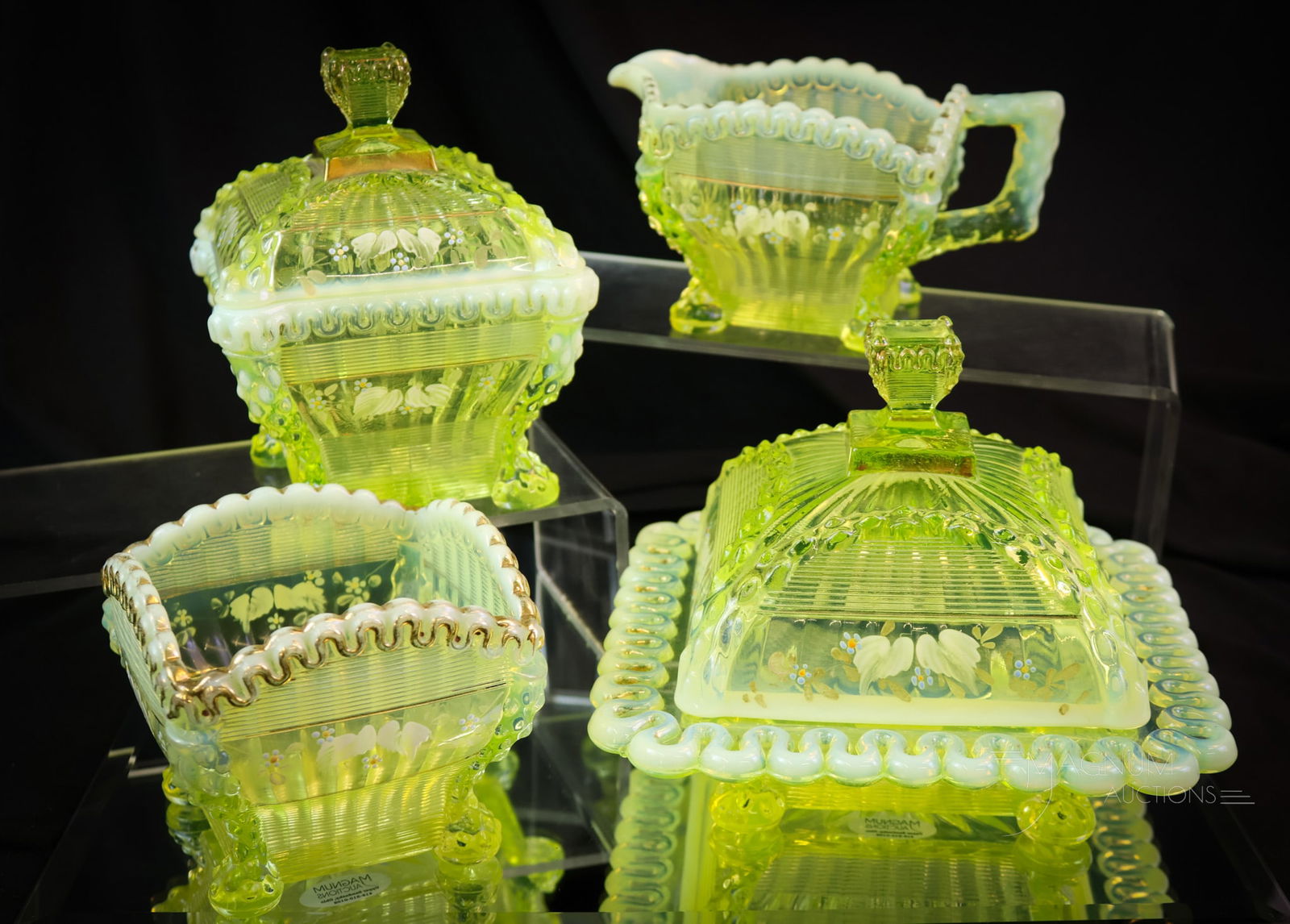 4 pc Northwood Uranium Vaseline Opalescent Glass Alaska Table Set: A delightful find in our auction. This is a Northwood uranium-rich vaseline opalescent decorated Alaska pattern. This set is complete with all four pieces and great color and opal. The tallest measure