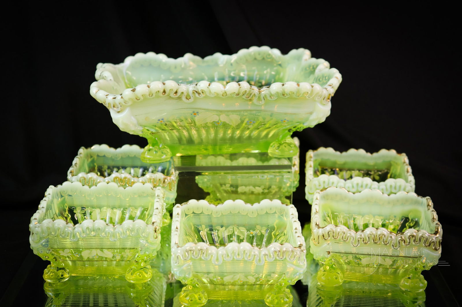 7 pc Northwood Uranium Vaseline Opalescent Glass Decorated Berry Set (1 of 8)