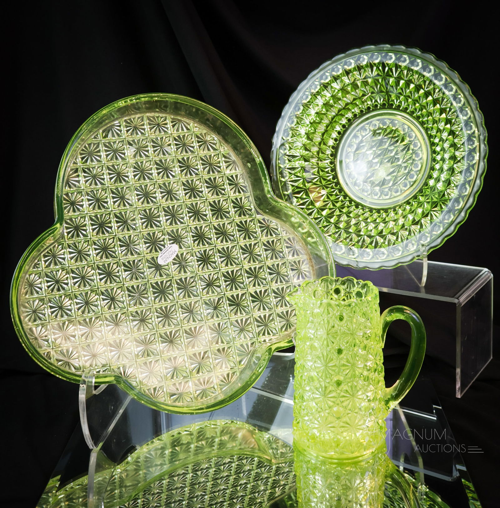 3 pc Lot Victorian Uranium Vaseline Glass Hobbs & More: Three selections in uranium-rich vaseline glass from the Victorian period to light up your day. This lot includes a Hobbs aisy & Button pattern cream pitcher. There's also a Central glass Pressed Diam