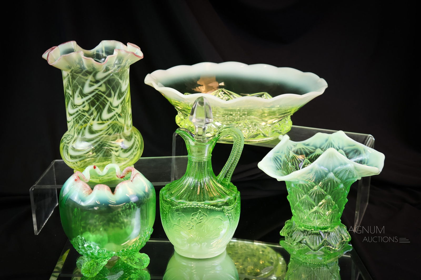 5 pc Lot Uranium Vaseline Opalescent Victorian Glass: A generous offering of five pieces of brilliantly glowing uranium-rich vaseline and more glass. This lot includes a Northwood vaseline opalescent Blown Twist pattern sugar shaker. A Northwood/National