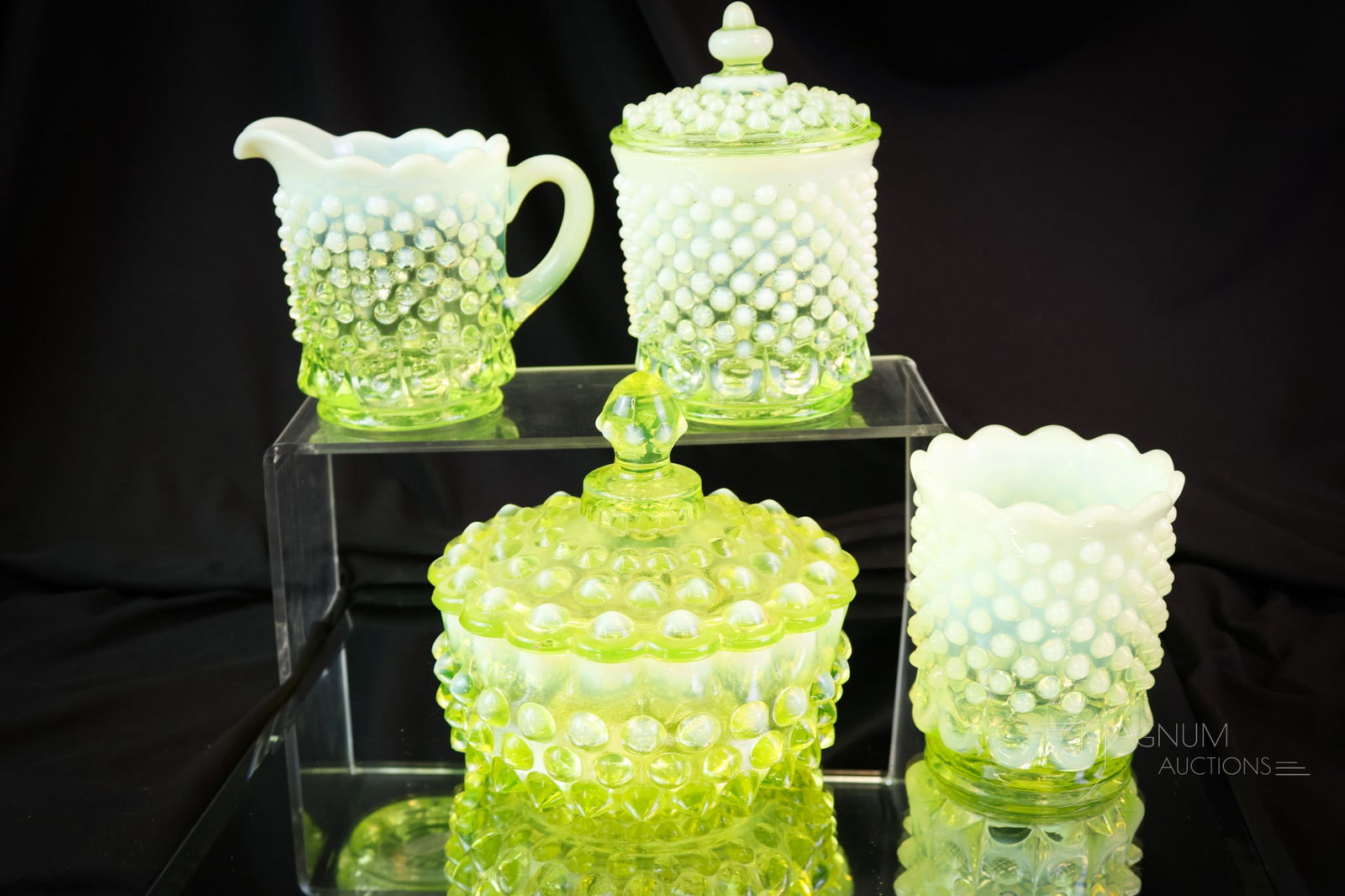 4 pc Lot Uranium Vaseline Opalescent Hobnail Victorian Glass (1 of 7)