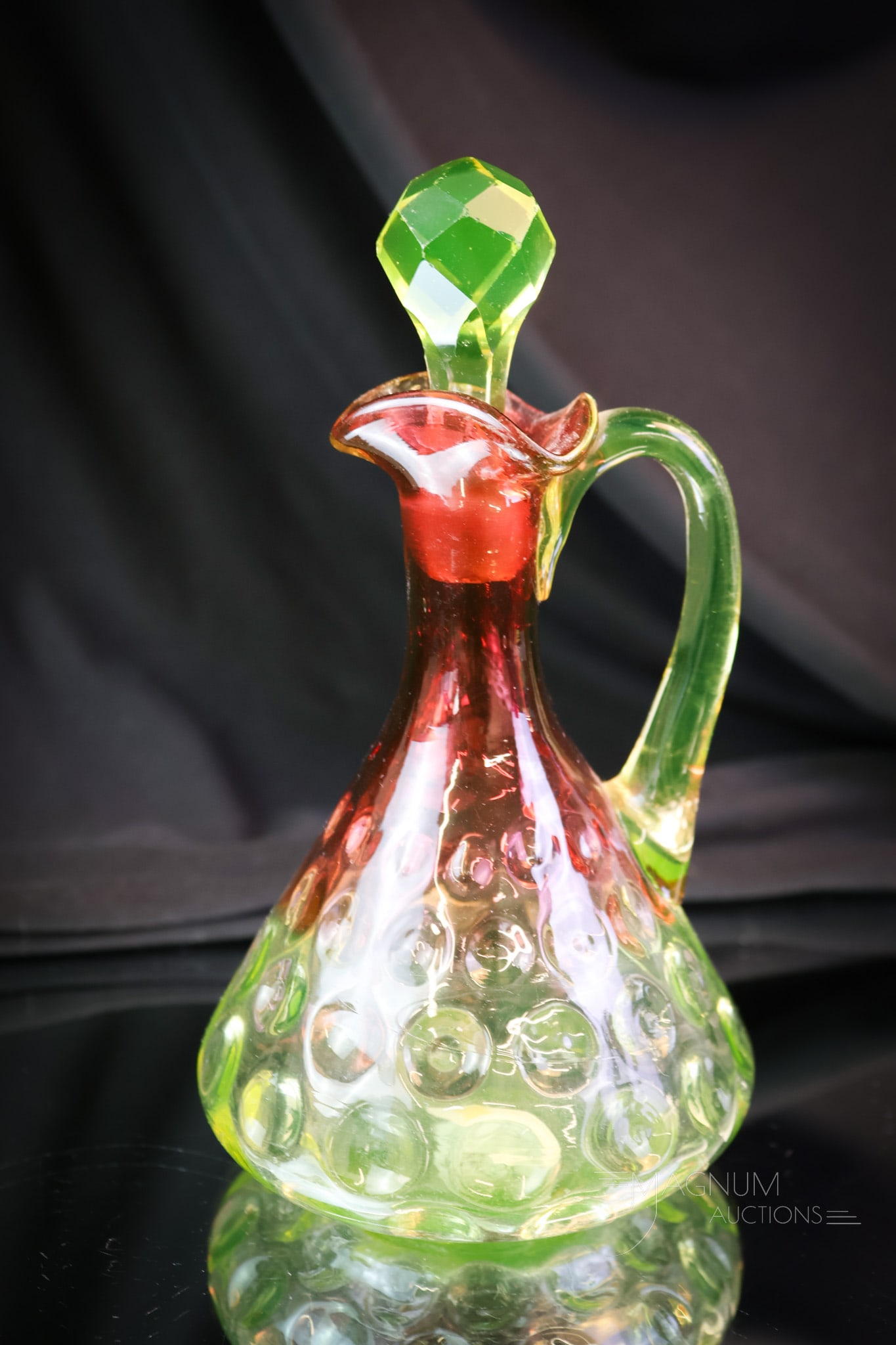 Hobbs Rubina Verde Uranium Vaseline Victorian Glass Cruet: A nice find for you, Rubina Verde uranium glass collection. This is a Hobbs Tee-Pee shape Victorian glass Inverted Thumbprint pattern cruet in cranberry to vaseline. This fine cruet retains the origin