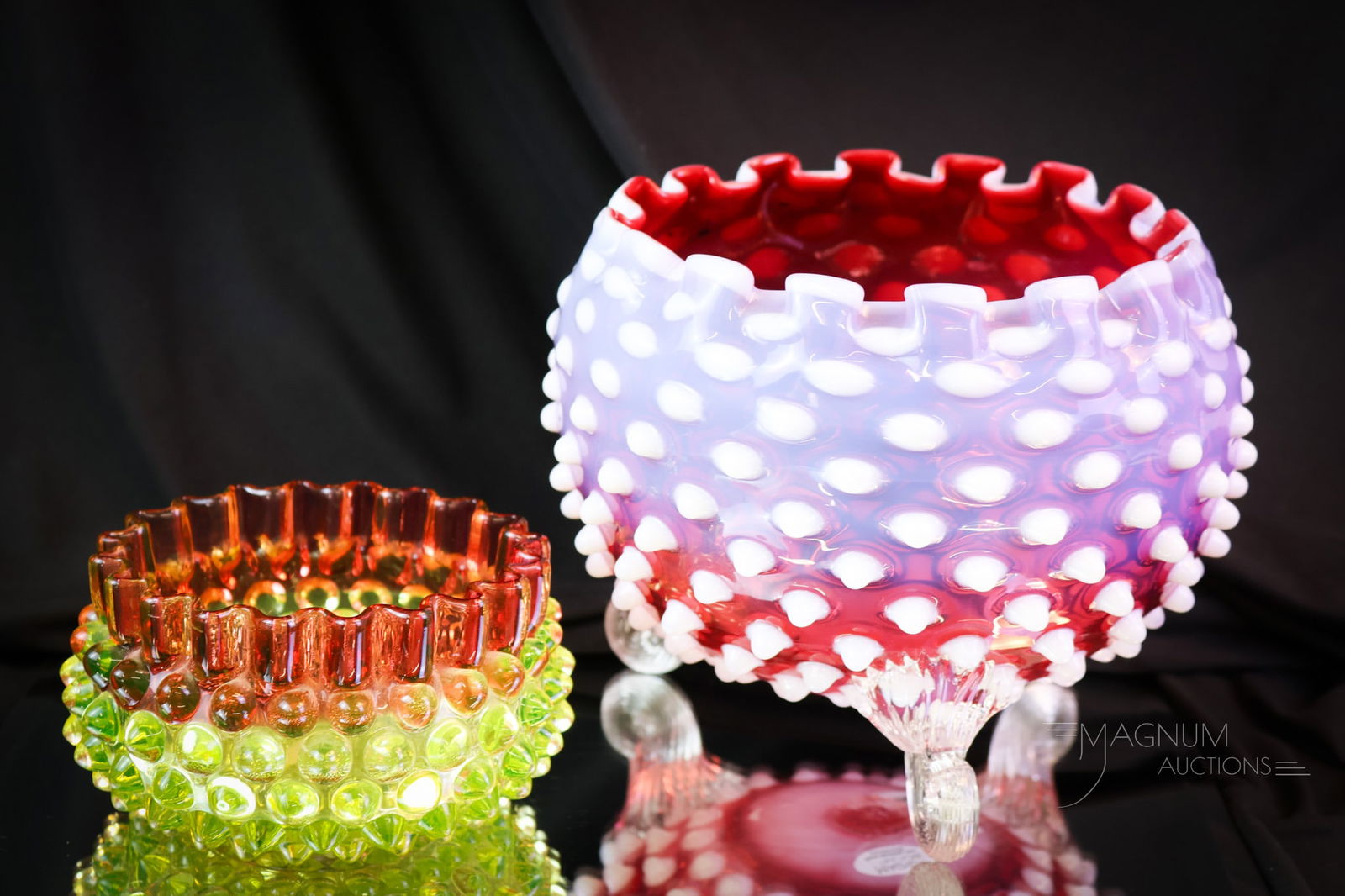 2 pc Lot Hobbs Hobnail Cranberry Uranium Vaseline Victorian Glass Bowls (1 of 8)