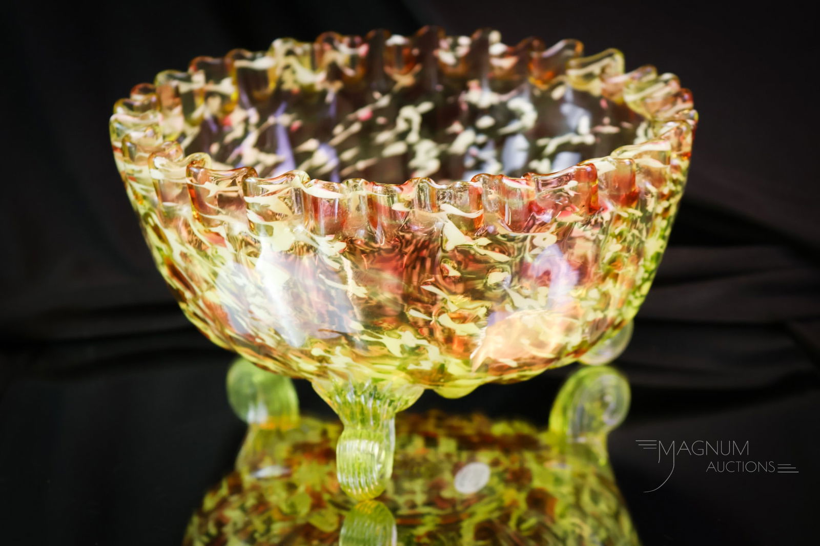 Rare Hobbs Northwood Uranium Cranberry Vaseline Splatter Footed Bowl (1 of 7)