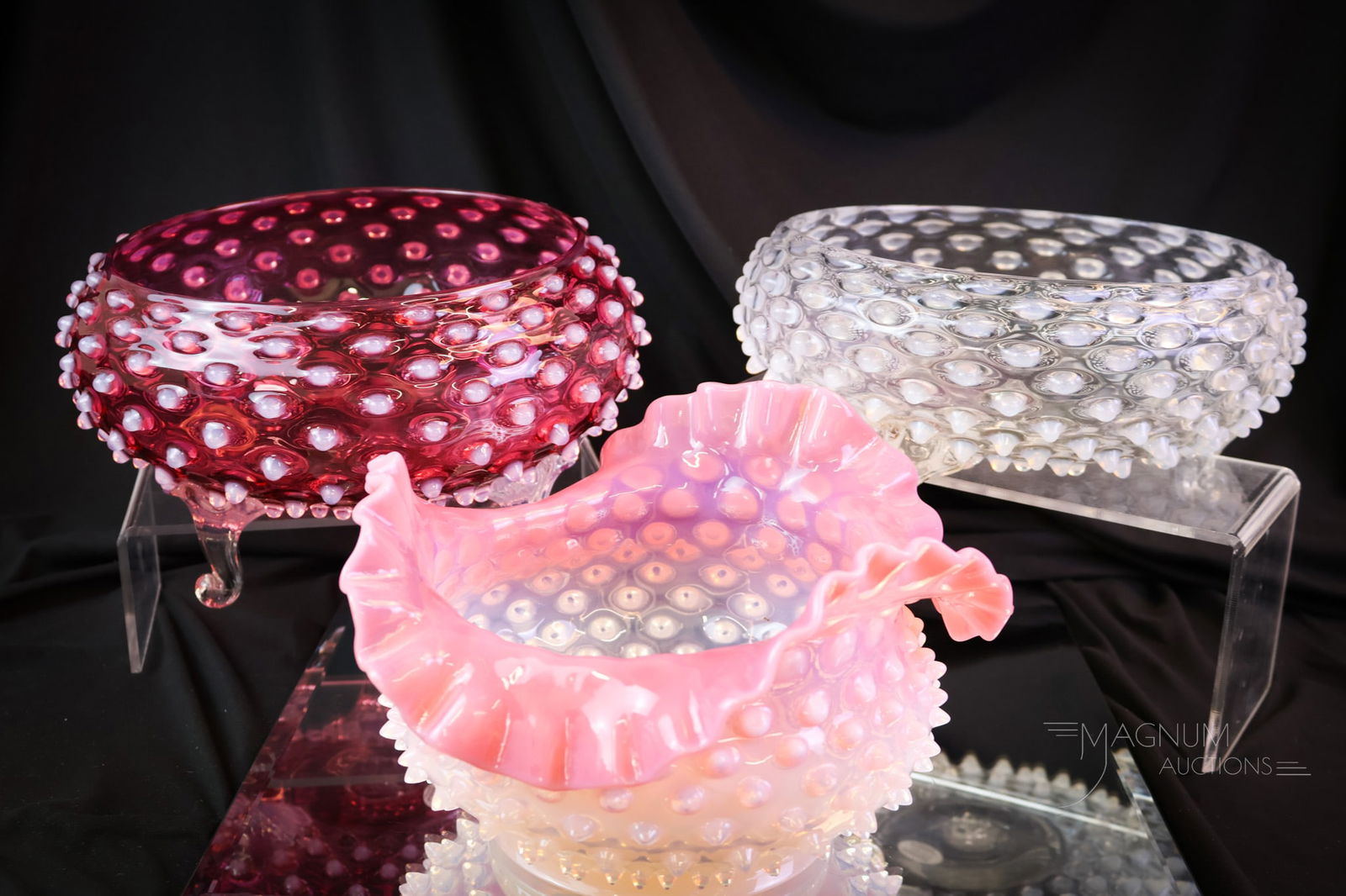 3 pc Lot Victorian Opalescent Hobbs & More Glass Bowls: Three selections in Victorian opalescent bowls that are sure to please the bowl collector in your life. Fill 'em with taters or gravy and give as gifts, even. This lot offers two Hobbs three-footed ex