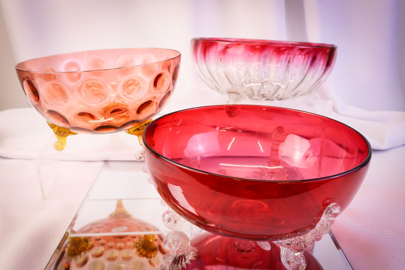 3 pc Lot Hobbs Victorian Glass Amberina Leighton Rubina Glass Bowls: Three divine finds in Hobbs glass Victorian bowls. The first is an amberina Inverted Thumbprint with three feet. The second is a ruby Leighton example. The third is a rubina colored ribbed for pleasur