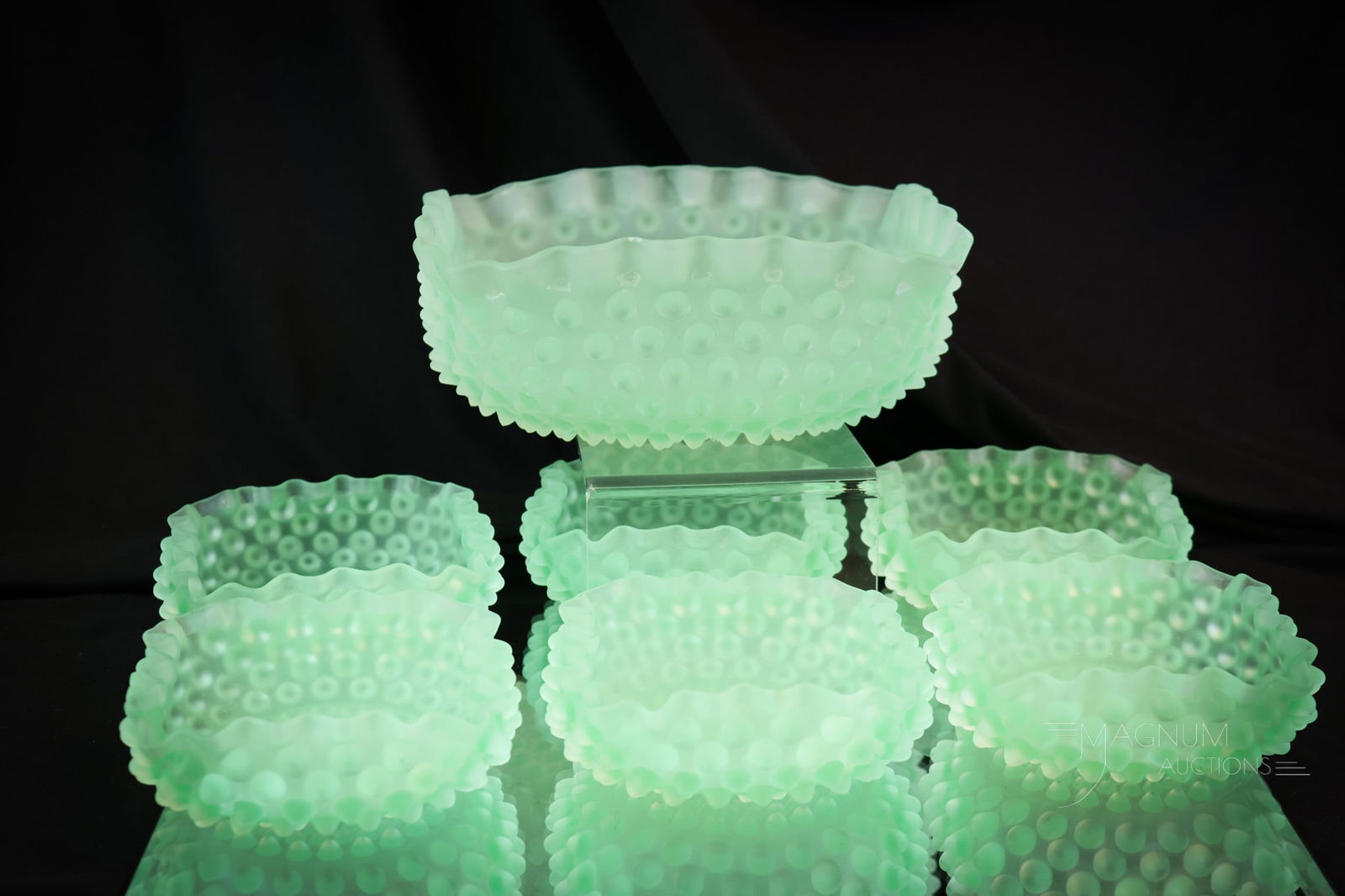 7 pc Rare Uranium Marine Green Hobnail Hobbs Victorian Glass Berry Set: A rare find in Victorian Hobbs uranium-rich glass. This is a seven-piece Hobbs Hobnail pattern Victorian berry set. This set lights up under black light. Such a rare find! The largest of the set measu