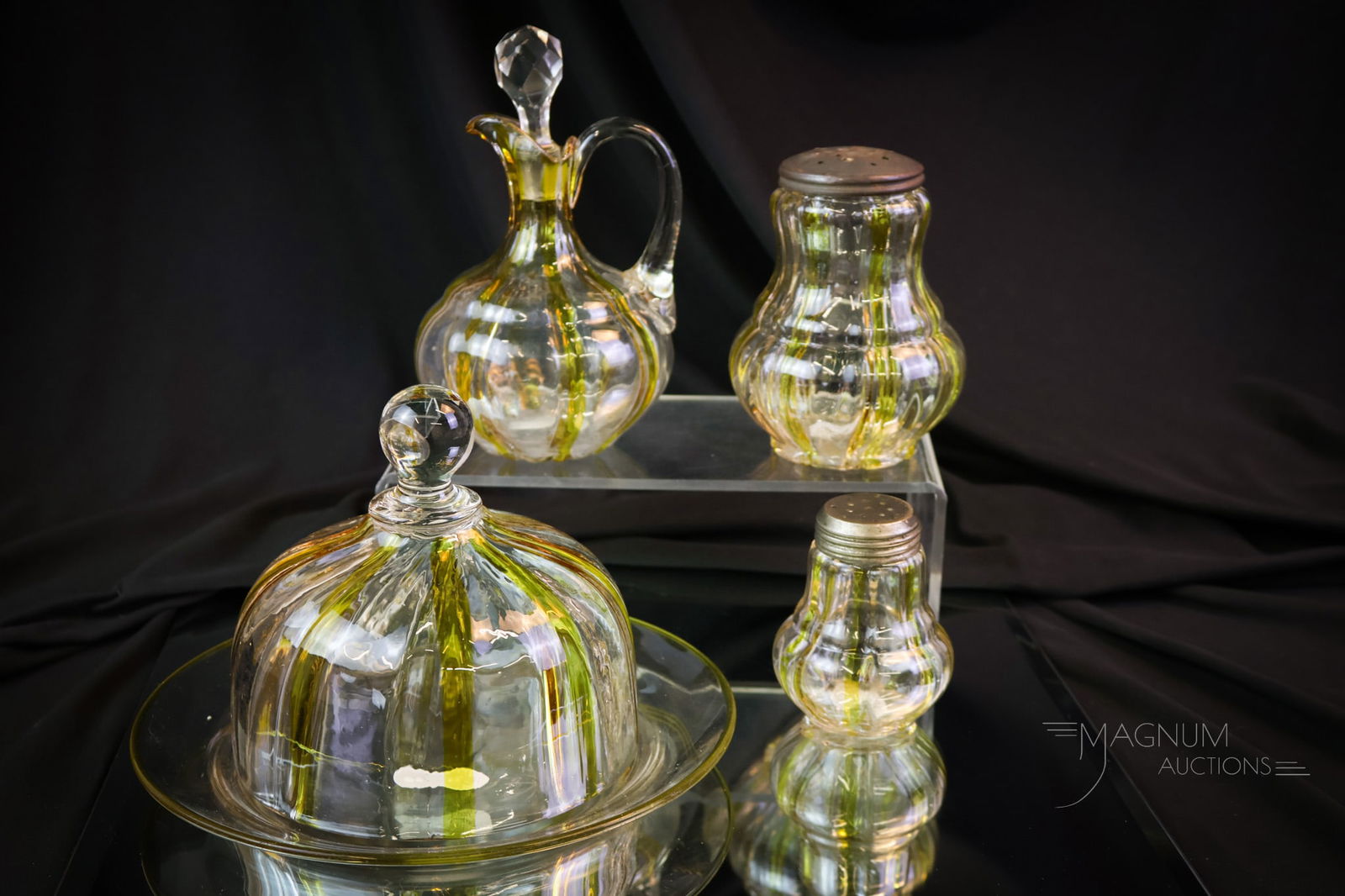 4 pc Lot Hobbs Amber Stained Victorian Glass: Four selections that are sure to please in the Hobbs Bulbous Base pattern with amber-stained ribs. This lot offers the covered butter, cruet, salt shaker, and sugar shaker. So seldom do you find this