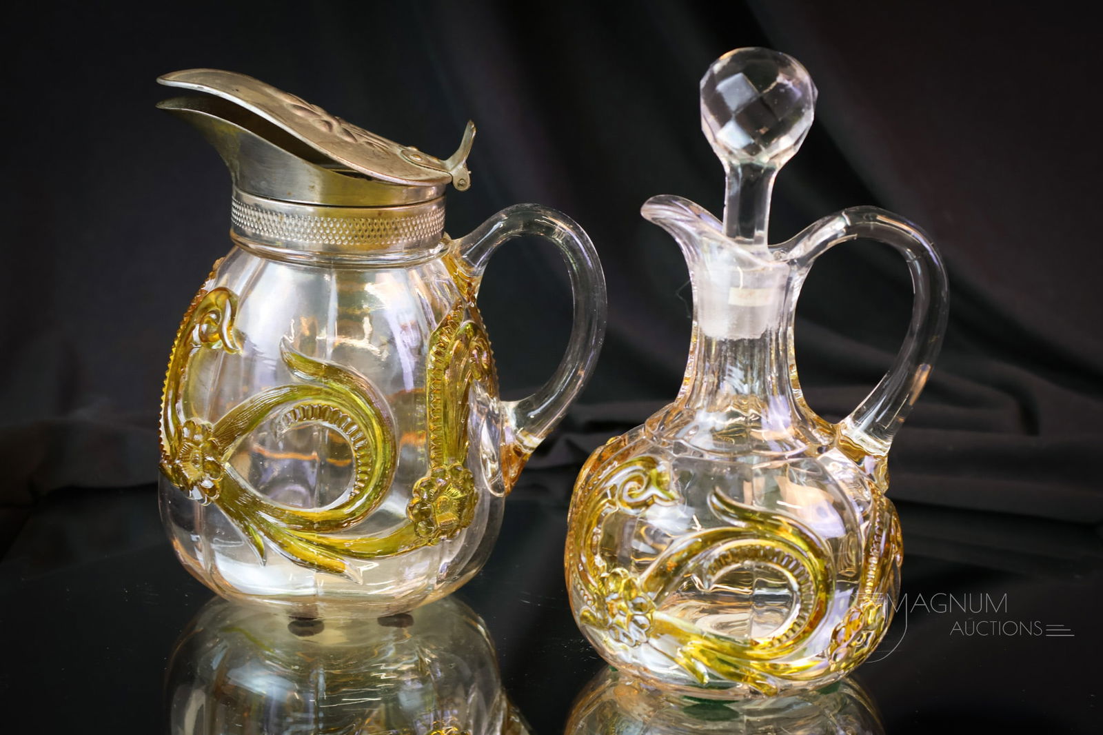 2 pc Lot Duncan Amber Stained Victorian Flowered Scroll Syrup & Cruet (1 of 12)