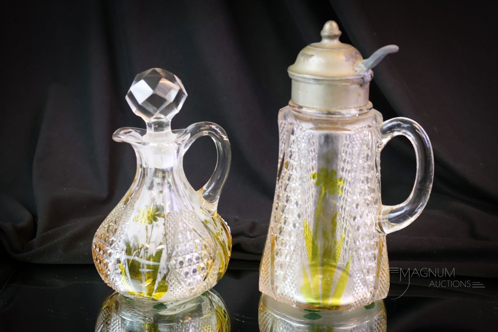 2 pc Fostoria Carmen Amber Stained Victorian Glass: Two seldom-found pieces of Fostoria Victorian glass. These are a syrup and a cruet in the Carmen pattern. Very nice. You won't want to miss out on these, folks! The tallest measures 7". SHIPPING NOTIC