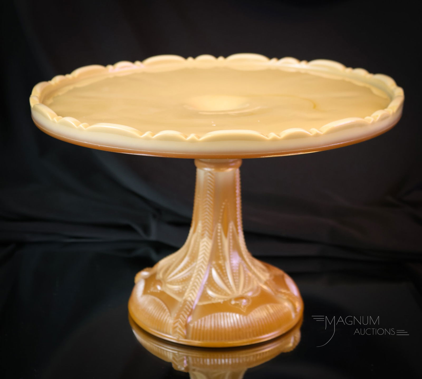 Victorian Greentown Chocolate Glass Cactus Pedestal Cake Stand: A beautiful find in our line-up of Greentown chocolate glass. This is a scarce Cactus pattern cake stand. This piece is scarce and seldom do you find one as nice as this one. The cake stand measures 6