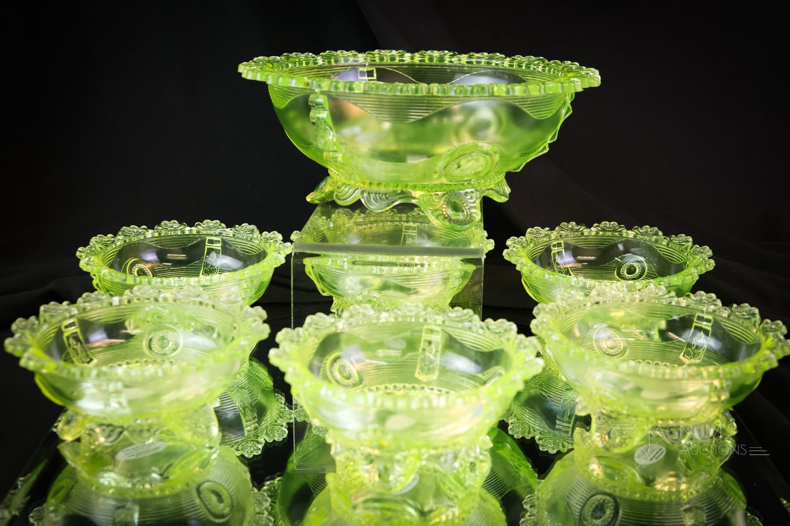 7 pc Victorian Uranium Vaseline Greentown Dewy Berry Set: A shining set in Victorian Greentown uranium-rich vaseline glass. This set features the master berry bowl and six individual berry bowls. The tallest measures 3 1/4". All of the small berry bowls exhi