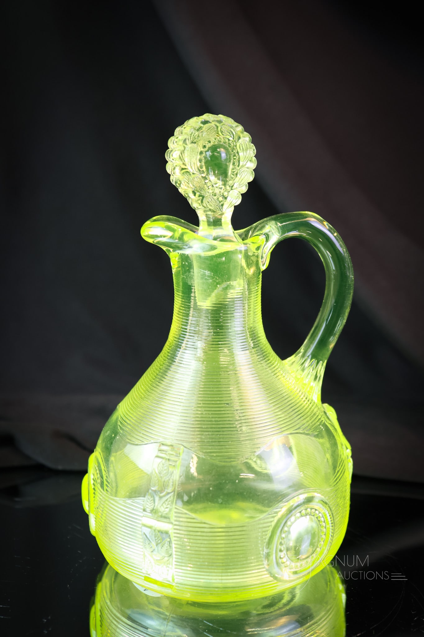 Greentown Victorian Uranium Vaseline Glass Dewey Cruet: A beautiful find in a Victorian Greentown uranium-rich vaseline glass cruet. This one shines brightly for all of the Vasies and Uranies that want to know. It lights up under black light! The cruet mea