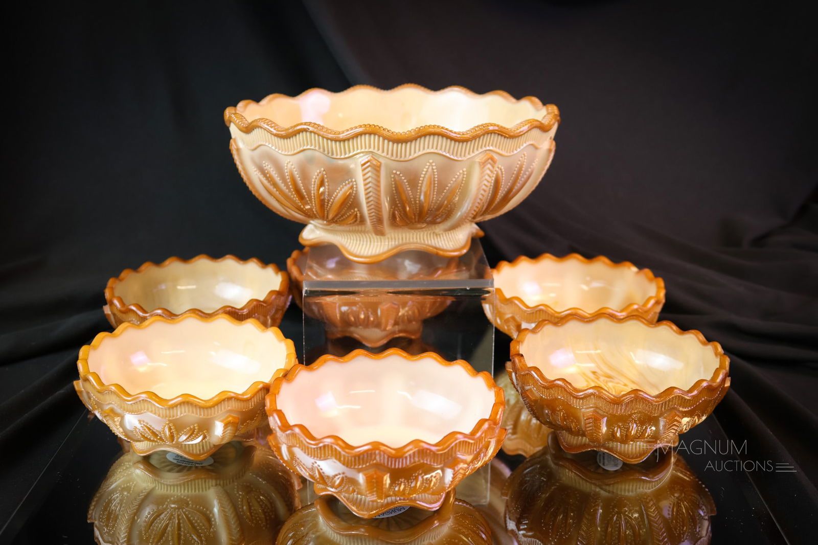 7 pc Victorian Greentown Chocolate Cactus Berry Set: A sought-after pattern that's sure to please. This is a seven-piece berry set in the Greentown Cactus pattern. The tallest measures 3 1/4". The large bowl exhibits a minor flake on one foot. SHIPPING