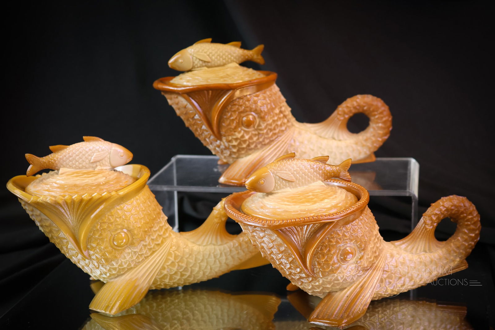 3 pc Lot Greentown Chocolate Glass Dolphin Dishes (1 of 18)