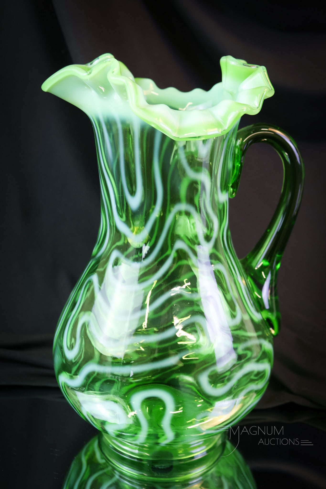 Rare Emerald Green Swirling Maze Victorian Opalescent Tankard Pitcher (1 of 5)
