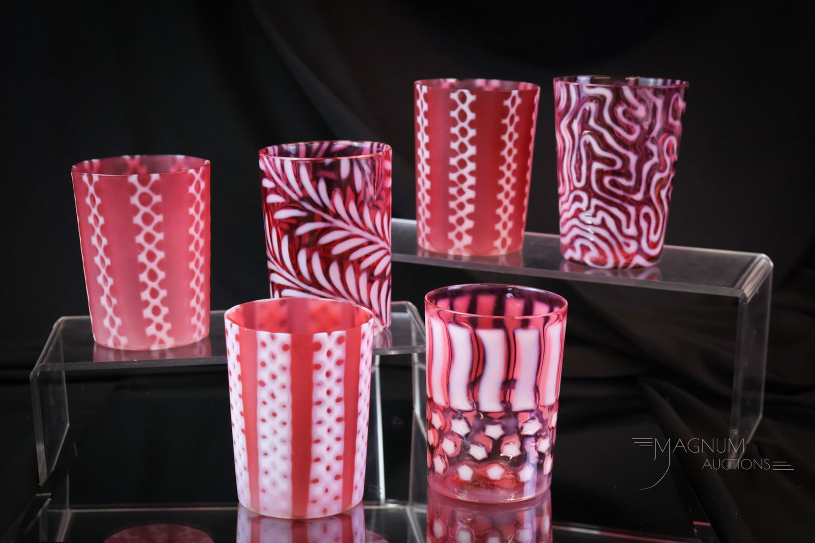 6 pc Lot Victorian Cranberry Opalescent Glass Tumblers (1 of 6)