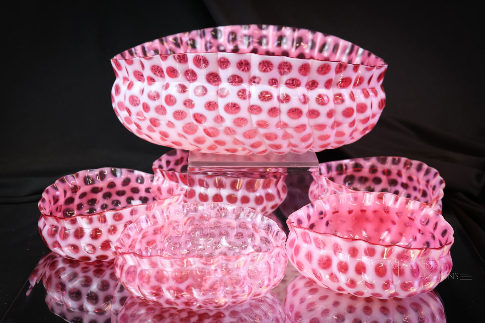 6 pc Hobbs Victorian Cranberry Opalescent Glass Windows Swirled Berry Set (1 of 9)