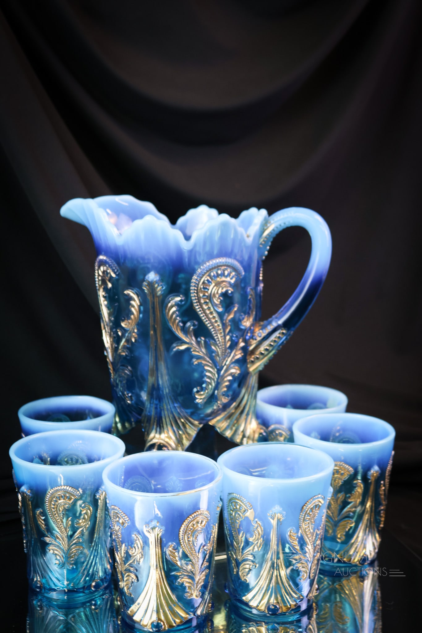 7 pc Northwood Blue Opalescent Victorian Glass Water Set: Always a striking find when you come across this pattern. You'll never be disappointed. This is Northwood's Inverted Fan & Feather pattern. This set is embellished with lots of brilliant gold and has