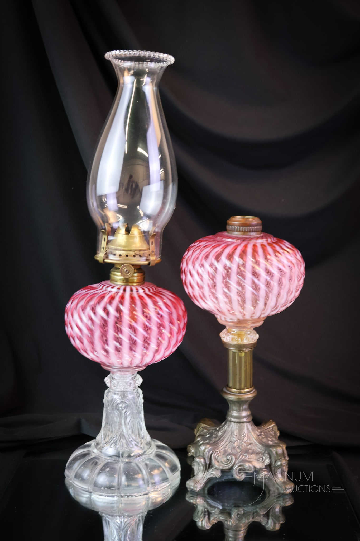 2 pc Lot Victorian Cranberry Opalescent Reverse Swirl Oil Lamps (1 of 10)