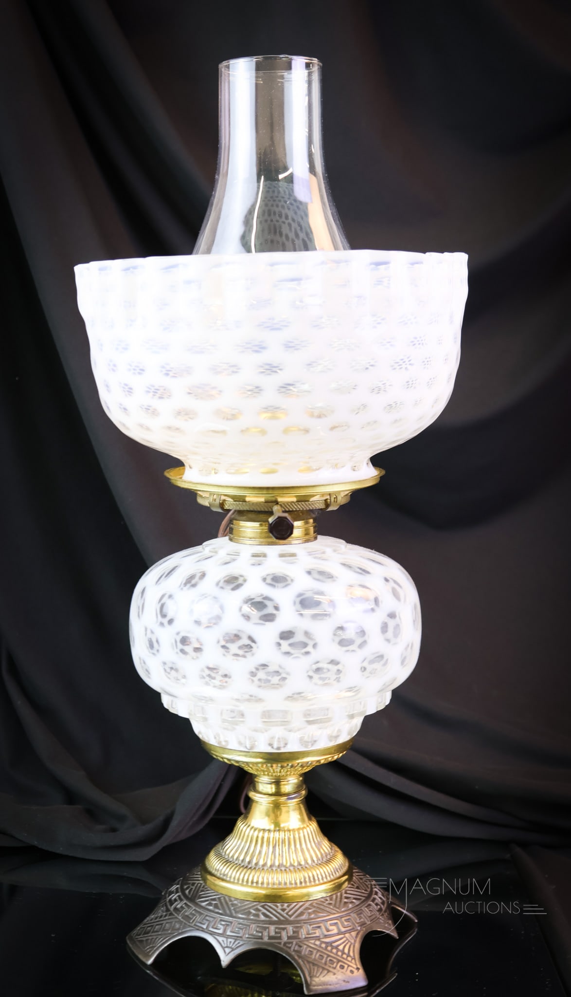 Victorian Opalescent Windows Parlor Table Oil Lamp: A wonderful opalescent Victorian Windows pattern parlor table oil lamp. This lamp has excellent opal and clarity. The lamp stands 13" tall to the top of the shade rim and 8" wide. SHIPPING NOTICE: If