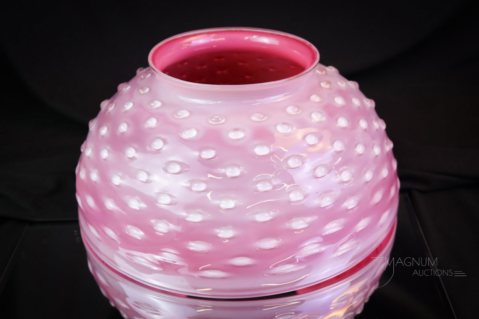 Scarce 10" Pink Cased Hobbs Hobnail Victorian Glass Student Parlor Lamp Shade: A Scarce find in a pink cased hobnail Victorian glass shade. This shade measures 10" in diameter. This was either for a student, table, or a rare small size hanging parlor lamp. SHIPPING NOTICE: If yo