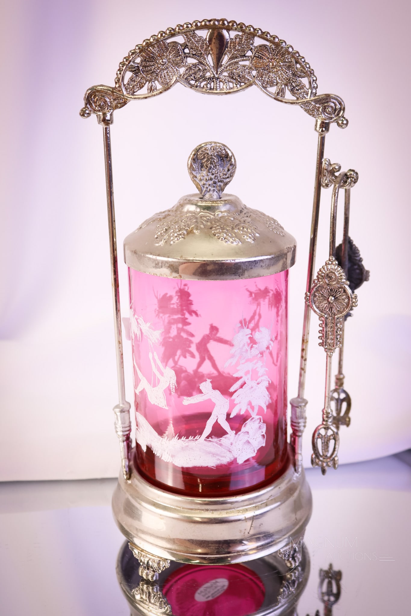 Victorian Silverplate Cranberry Enameled Glass Pickle Castor (1 of 8)