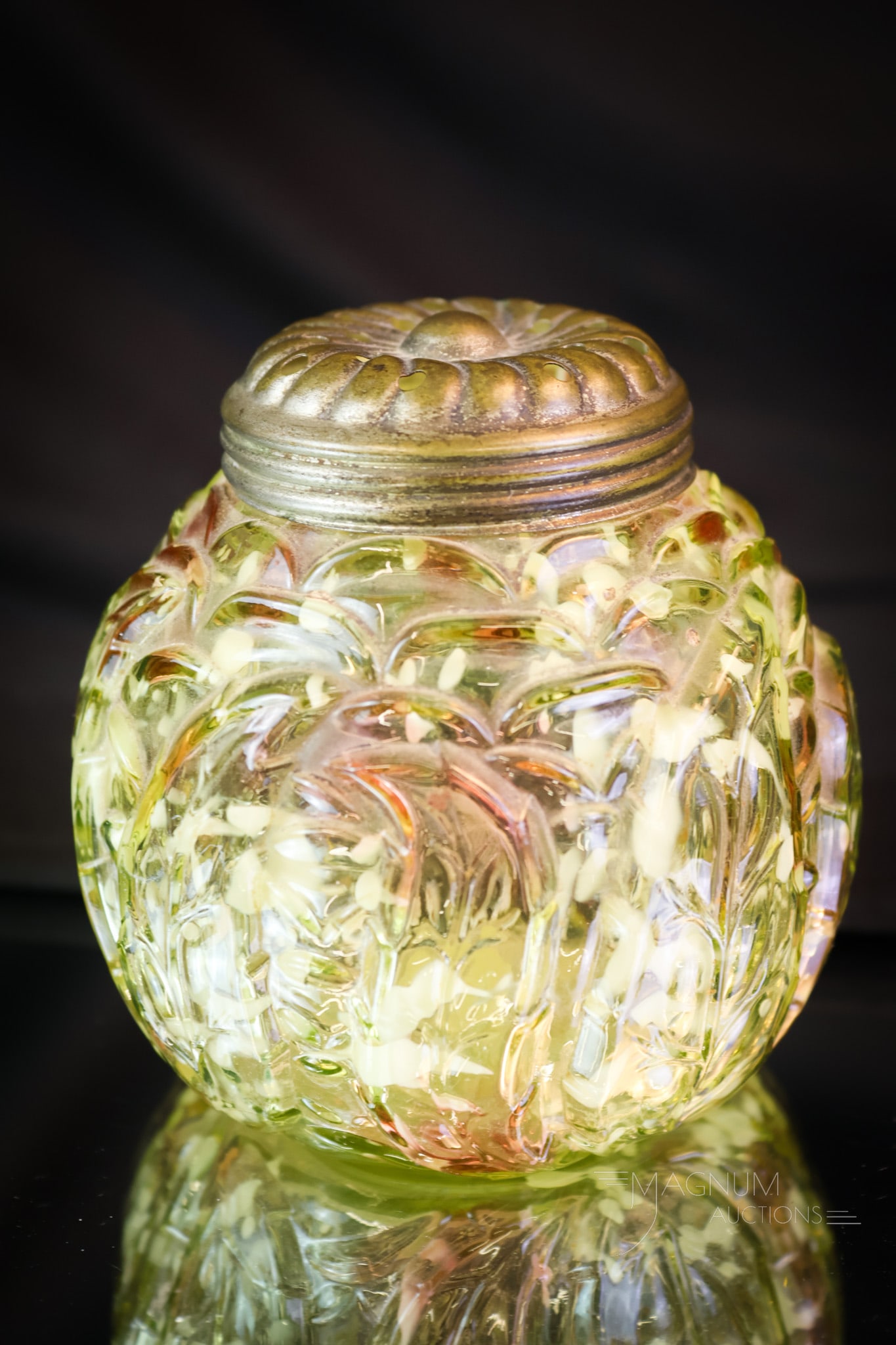 Northwood Uranium Vaseline Cranberry Spatter Leaf Mold Sugar Shaker: Always a find and desirable to have when you come across them. This is a Northwood glass Leaf Mold pattern Victorian sugar shaker. This shaker lights up under black light with its uranium content. The