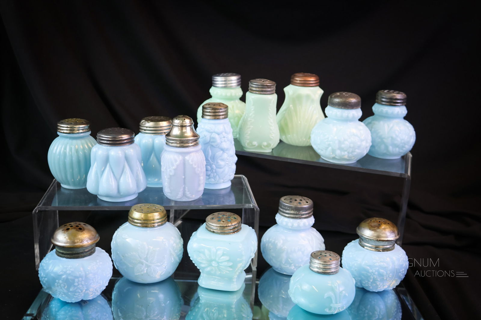 16 pc Lot Victorian Glass Salt Shakers: Sixteen fab finds in blue and green Victorian glass salt shakers. A variety for your bidding pleasure. The tallest measures 3 1/2". SHIPPING NOTICE: If you choose not to utilize the LiveAuctioneers Li