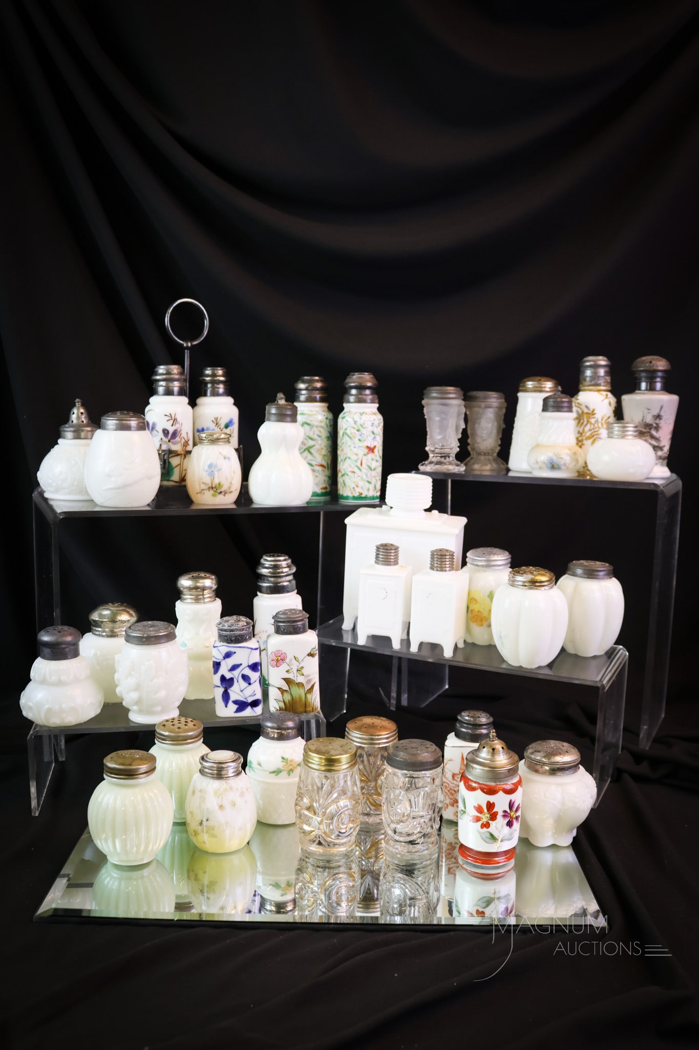 39 pc Lot Victorian Opal Glass Salt Shakers & More: There's a little more than shakers in this lot. Mostly though. This lot includes some examples in porcelana as well as a milk glass Westinghouse fridge covered box. The fridge exhibits a chip on one f