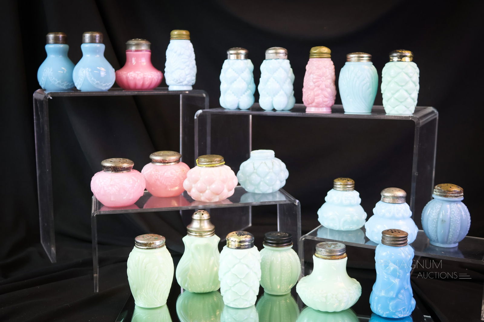 22 pc Lot Victorian Opaque Consolidated Dithridge & More Salt Shakers: Twenty-two opaque Victorian glass salt shakers. This lot includes examples in pink, milk, blue, and green to delight you. Makers such as Dithridge, Consolidated, and more. The tallest measures 3 1/4".