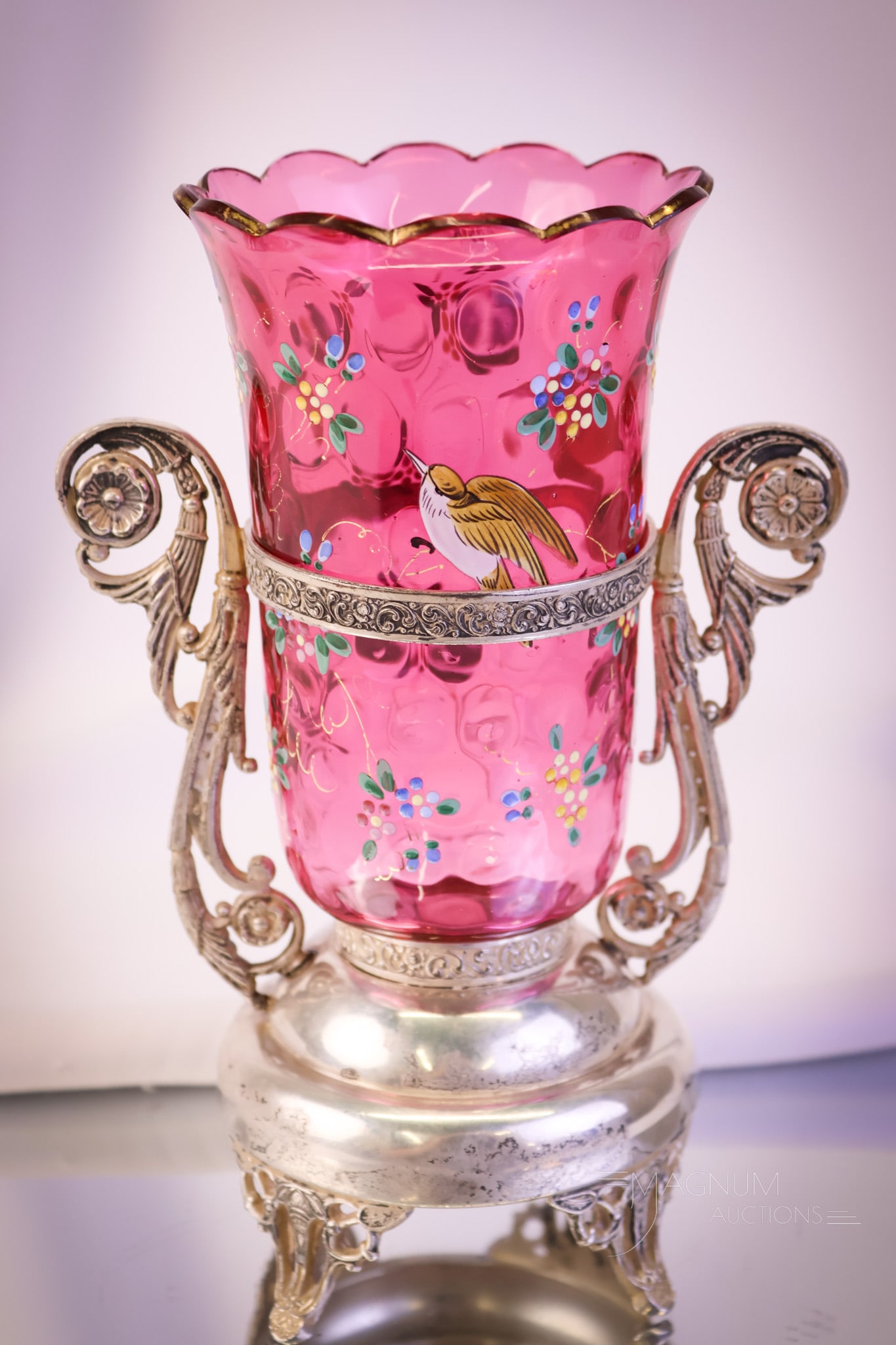 Brooklyn Silverplate Victorian Cranberry Enameled Glass Celery Vase (1 of 8)