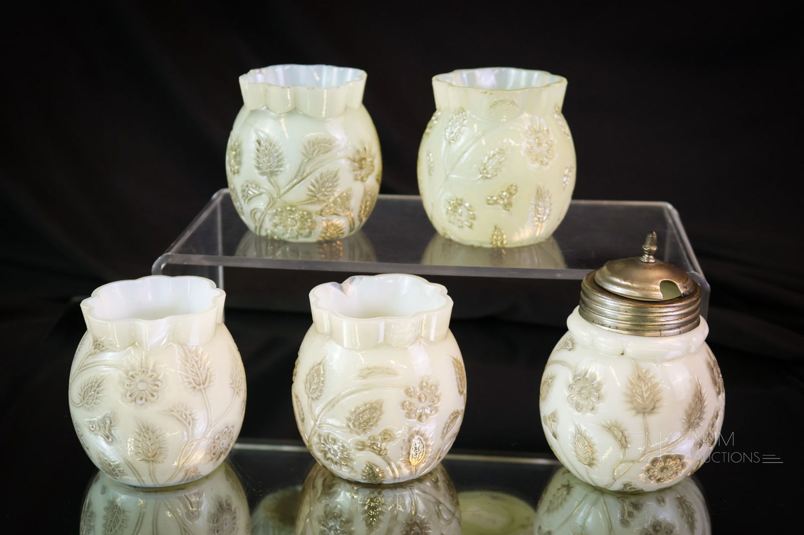 5 pc Lot Findlay Onyx Victorian Glass: This lot includes four toothpick holders and one mustard jar in the Findlay Onyx pattern. The tallest measures 3 1/4". Each of the toothpicks has varying degrees of rim chips. SHIPPING NOTICE: If you