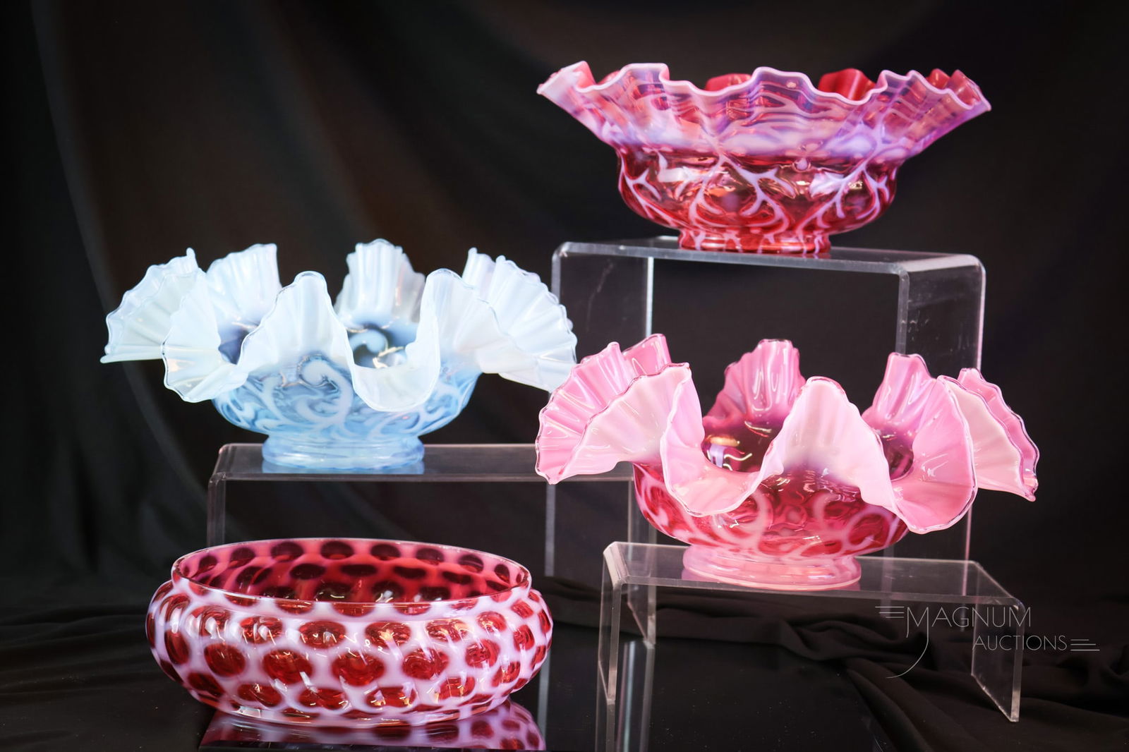 4 pc Lot Opalescent Victorian Glass Bowls Cranberry Blue Northwood & More (1 of 13)