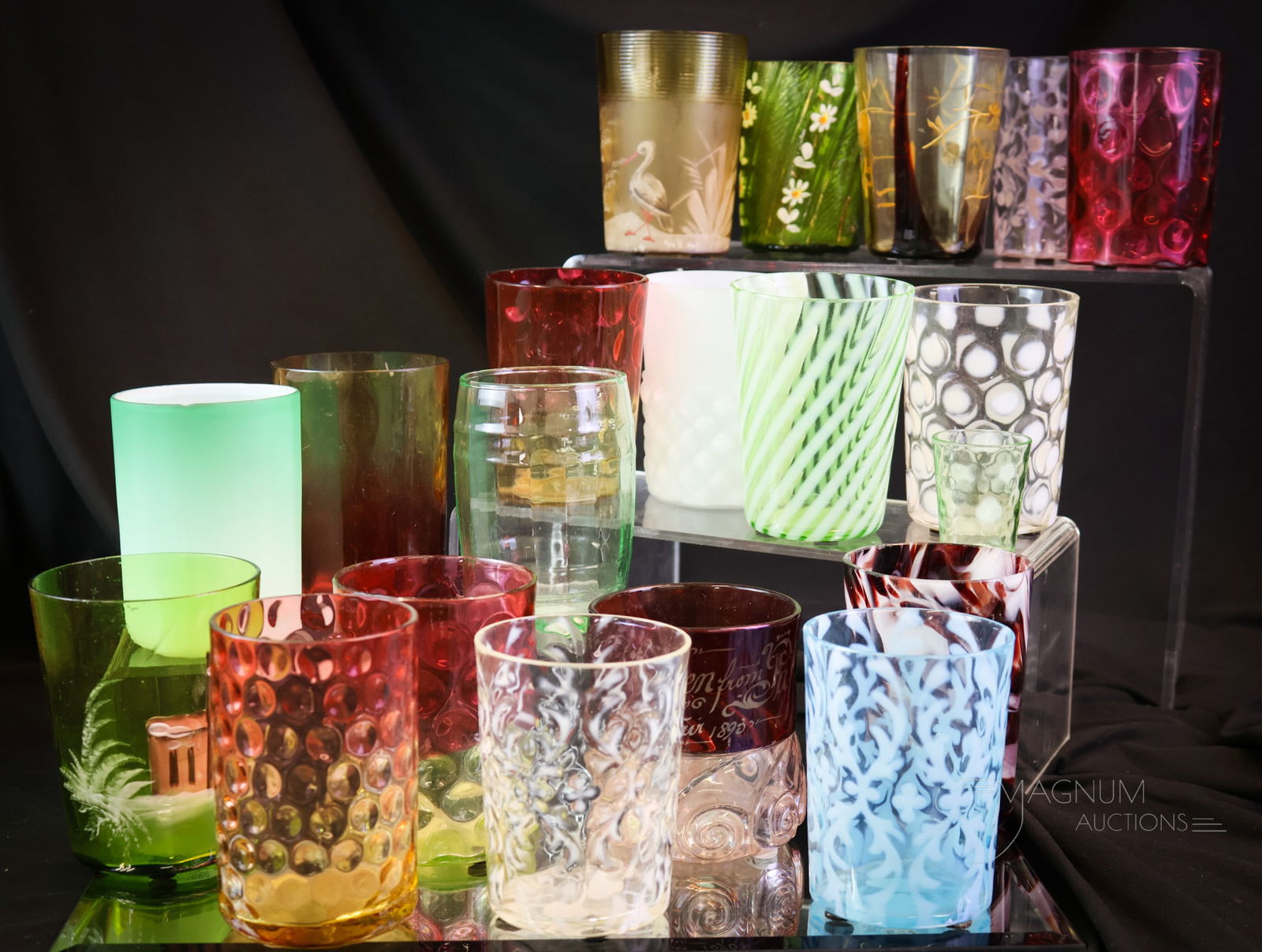 20 pc Lot Victorian Glass & More Tumblers Amberina Uranium Hobbs: Twenty delights that are sure to please in this generous lot of art glass tumblers. There are three uranium-rich tumblers in the mix for all of you Vasies out there. The tallest of the offerings measu