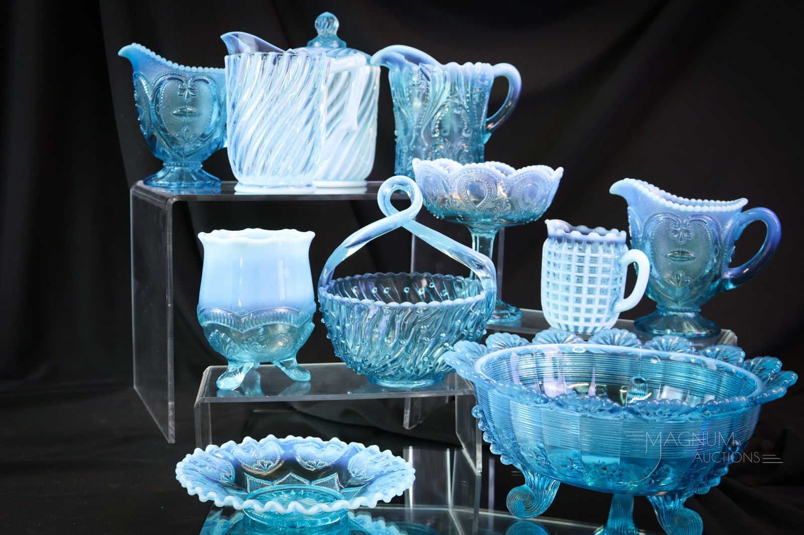 11 pc Lot Blue Opalescent Victorian Glass (1 of 8)