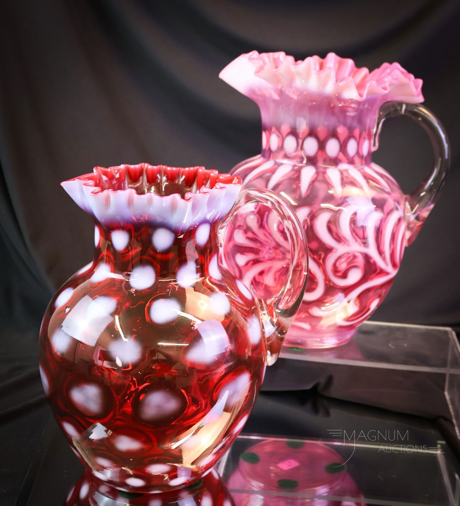 2 pc Lot Cranberry Opalescent Victorian Glass Water Pitchers (1 of 11)