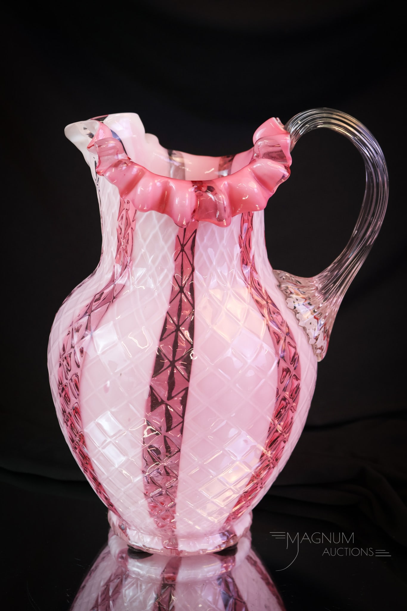 Phoenix Cranberry Opalescent Diamond Quilt Stripe Victorian Glass Water Pitcher (1 of 5)