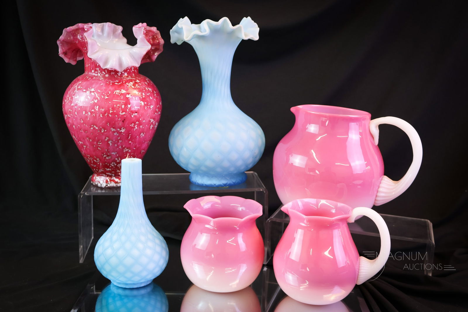 6 pc Lot Victorian & More Art Glass Peachblow Spangle & More: Six delicacies in glass that you'll want to bid on. This lot includes two pieces of blue cut velvet. Three pieces of peachblow. Lastly, there is a pink spangle glass vase. The tallest measures 9". SHI